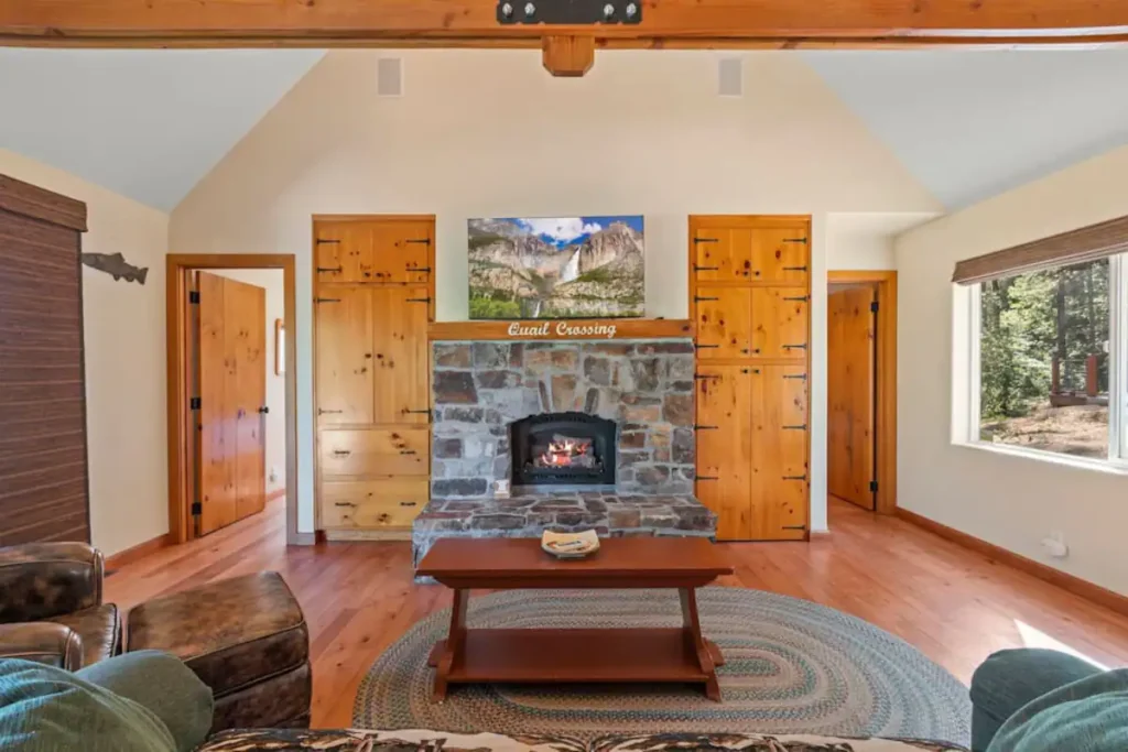 living room with stone fireplace and couches