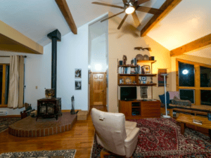 living area with wood fireplace