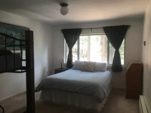 bedroom with curtains and queen bed