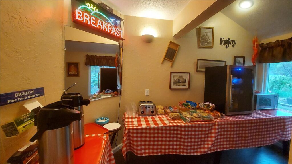 breakfast area set up with food buffet