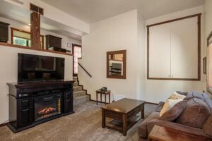 living area with television, couch, and fireplace