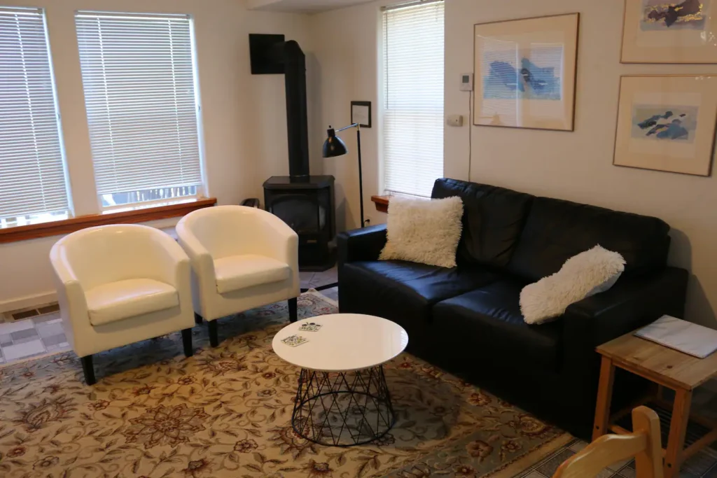 living room with wood stove and seating