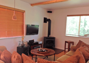 living area with wood stove, television and couch