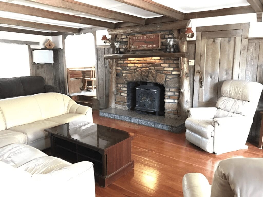 living room with stone fireplace