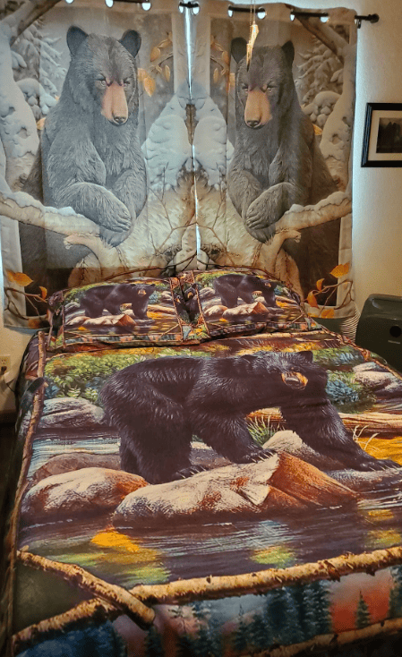 queen bed with bear portrait bedding and curtains