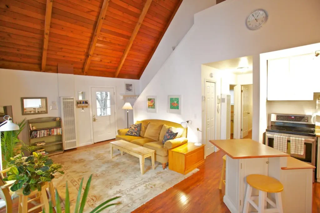 living room with vaulted ceilings