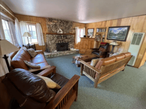 living room with stone fireplace and couches