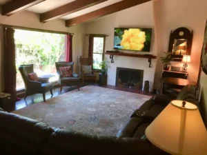 living room with fireplace, television and seating