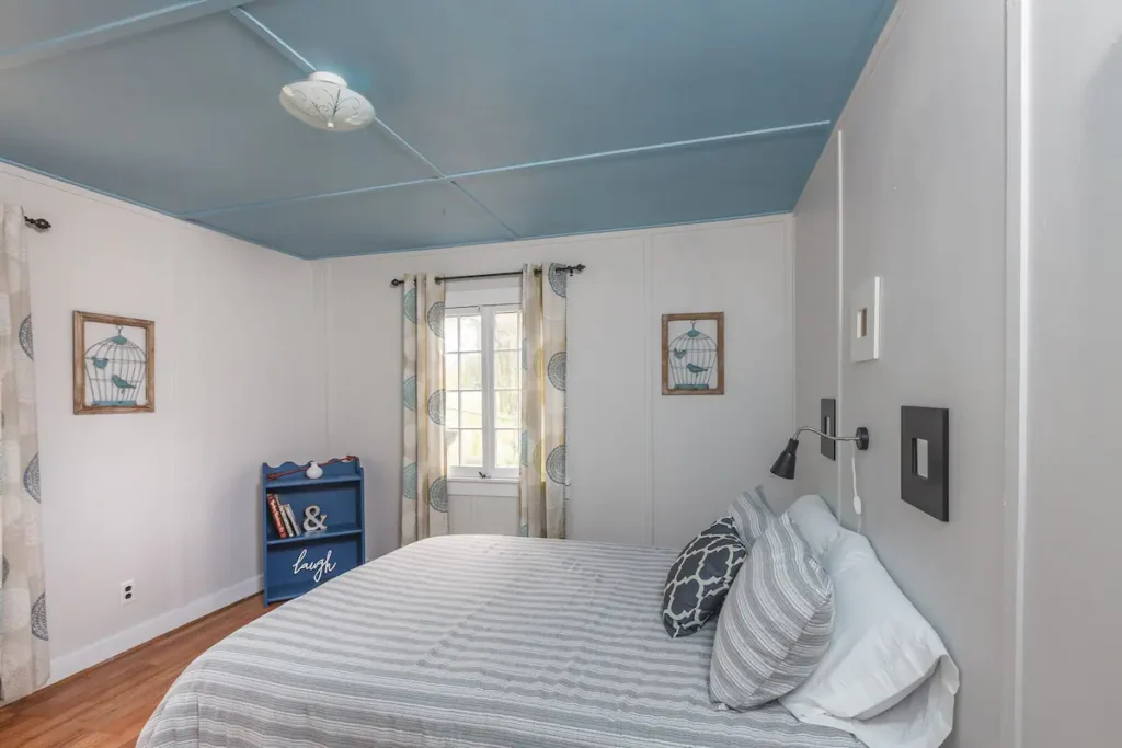 bedroom with white walls and blue ceiling
