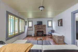 living room with fireplace and couches