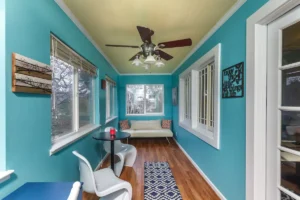 sunroom with blue walls