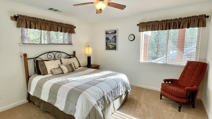 bedroom with striped bedding