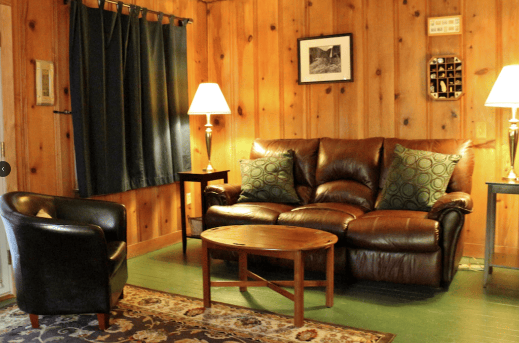 living area with wood slatted walls and couch