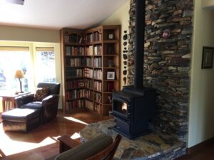 living room with wood stove