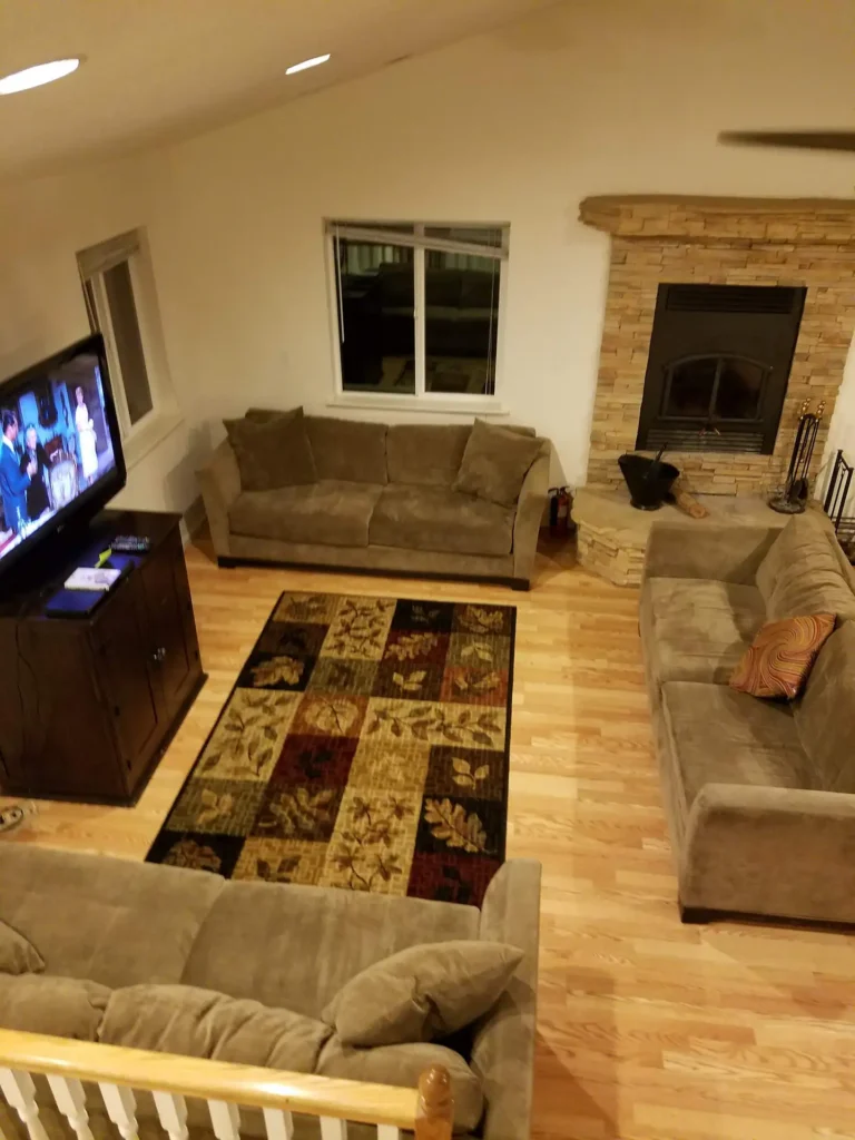 living room with couches, television, and fireplace