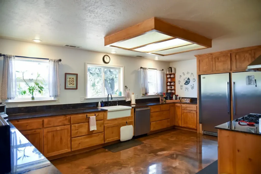 large kitchen with wood cabinets
