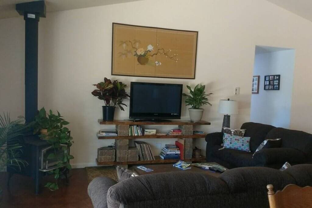 living rooms with couches and wood stove