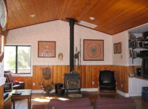living room with wood stove