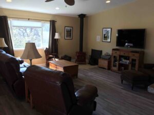 living room with wood stove and television