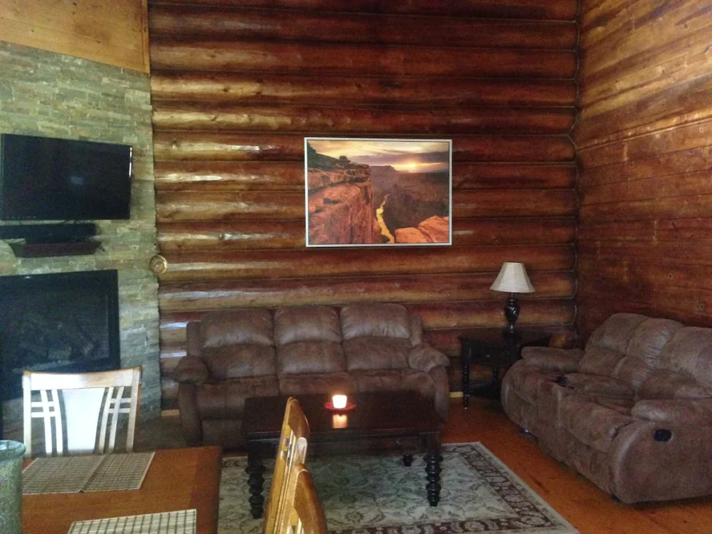 living room with couches, television, and fireplace