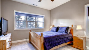 bedroom with queen bed and television