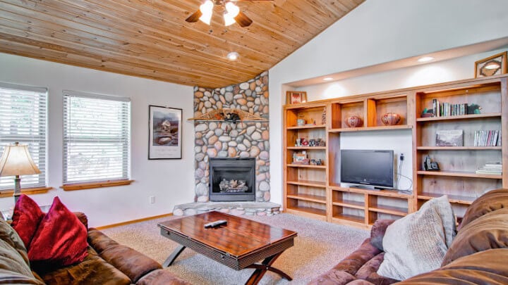 living room with stone fireplace and bookshelves
