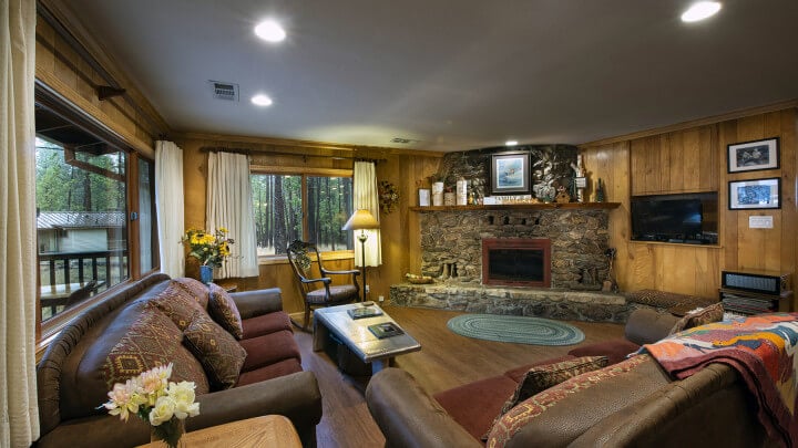 living room with stone fireplace and couches