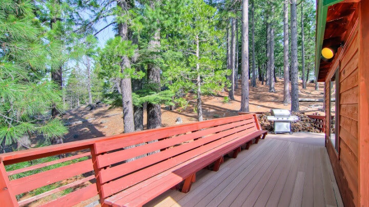 deck with bench seating railing