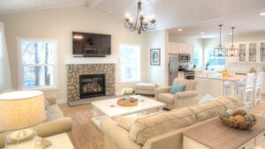 living room view of fireplace and tv