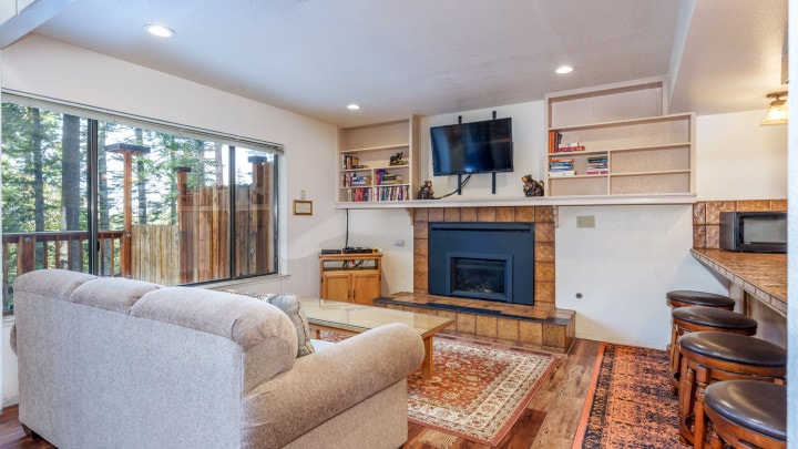 living room with fireplace and television