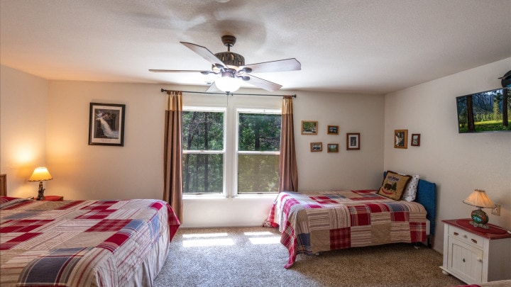 bedroom with windows and two beds