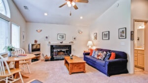 living area with seating, fireplace, television and couch