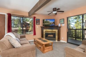 living room with seating, television and fireplace