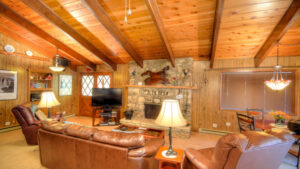 living room with stone fireplace and leather couches