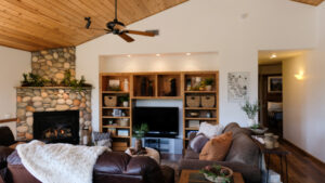 living room with television and bookcase surround, stone fireplace and leather couches