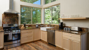 open concept kitchen with large windows
