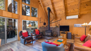 living room with wood stove and seating