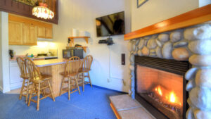 studio, fireplace, television, dining and kitchenette