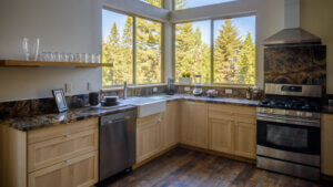 open kitchen with large windows