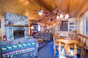 living room with stone fireplace and seating