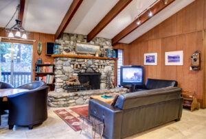 livign room with stone fireplace and television