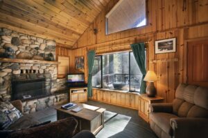 living room with stone fireplace, television, and seating