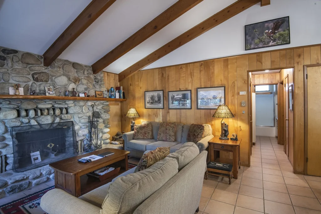 living room with stone fireplace and couches