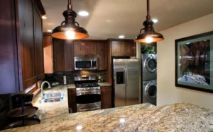 kitchen with wood cabinets and island seating