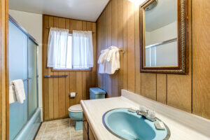 bathroom with shower, toilet, and vanity with teal accents
