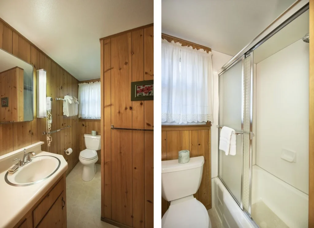 split screen image of bathroom with shower and bathtub and toilet