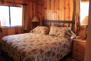 bedroom with wood walls