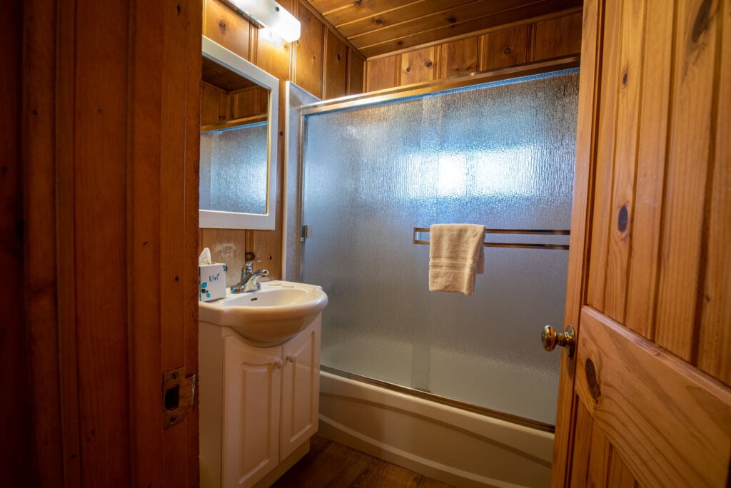 bathroom with shower and tub