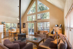 living room with wood stove and couches