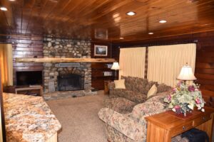 living room with stone fireplace